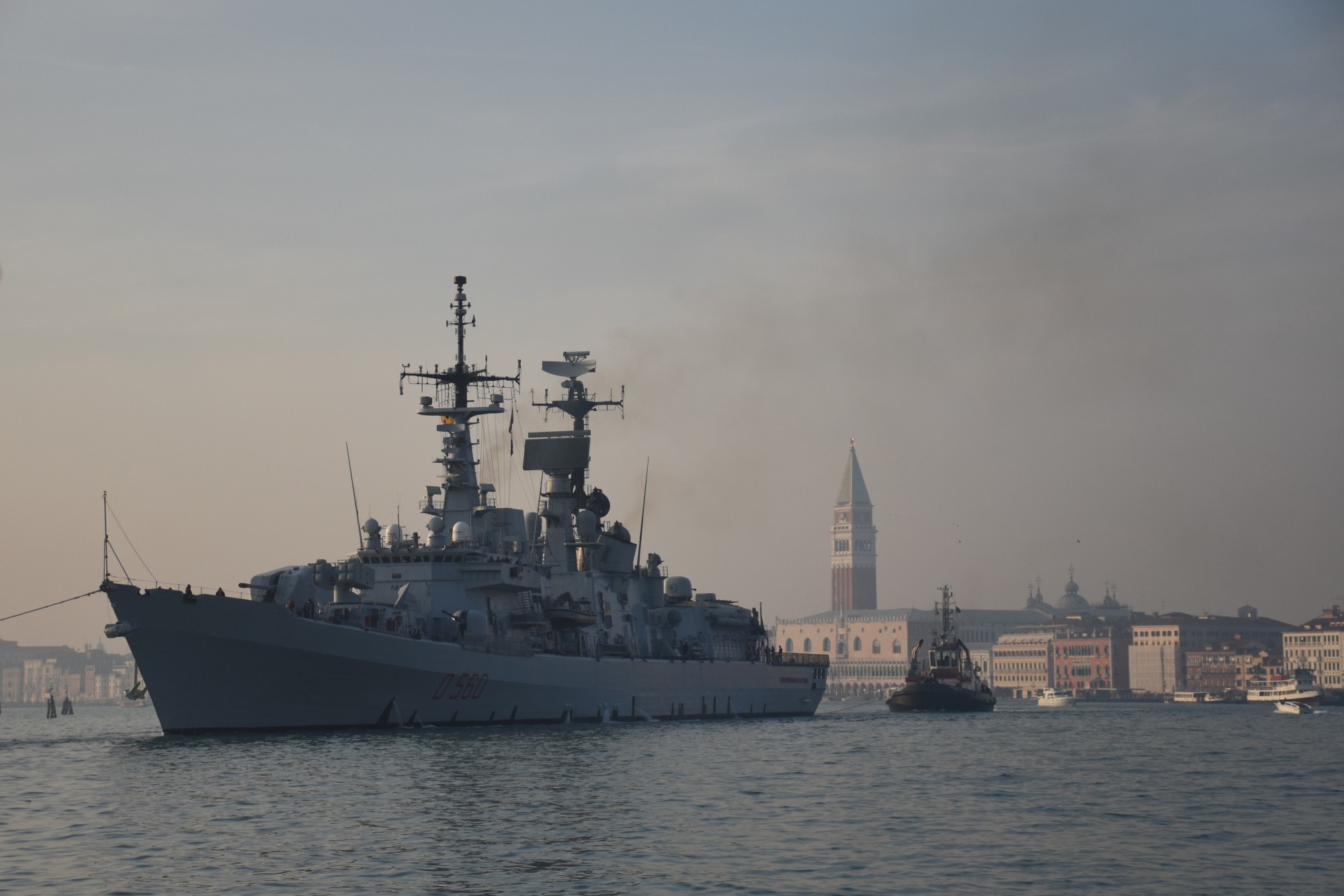 Warship moored in central Venice