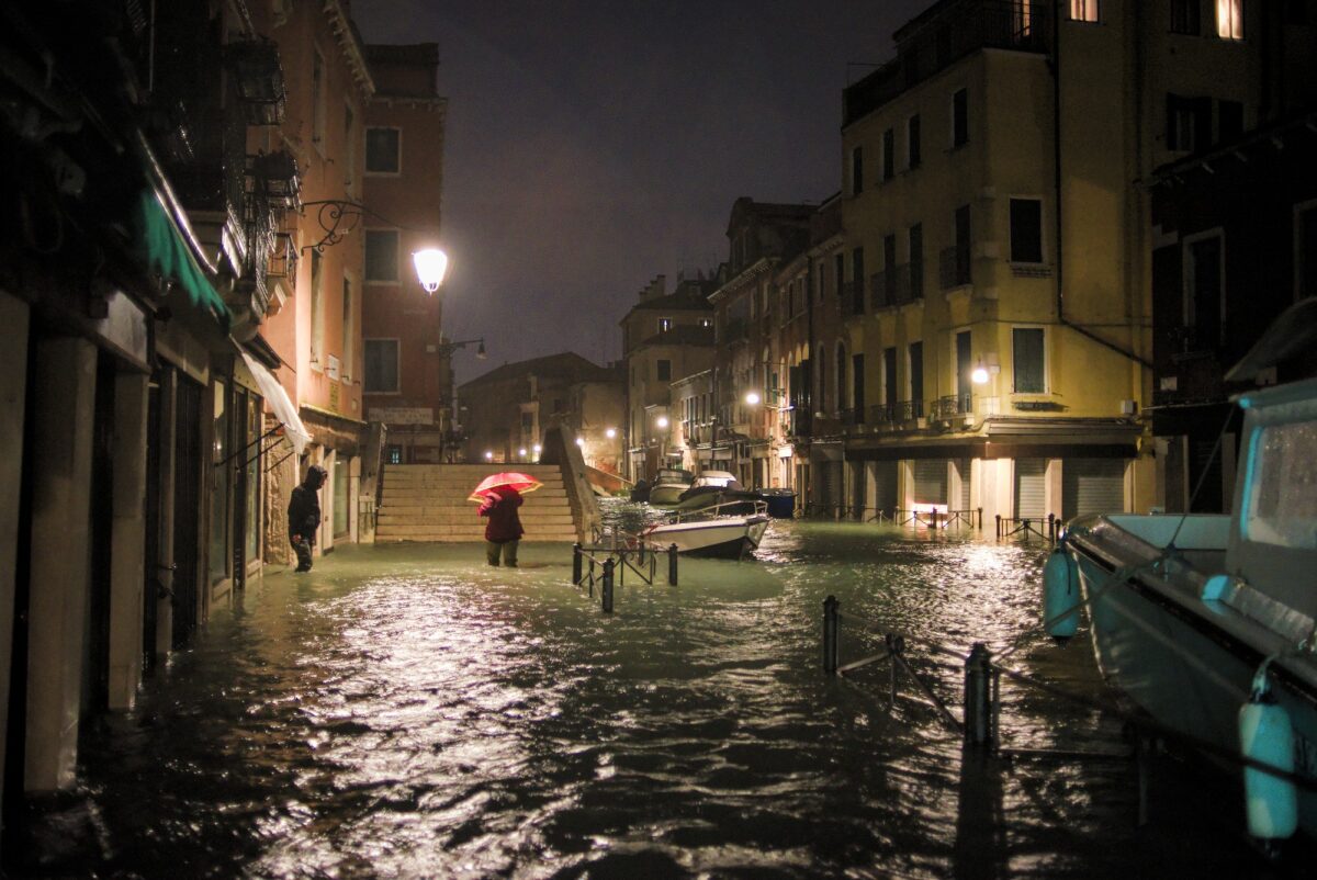 High tide in Venice - record high tide at night