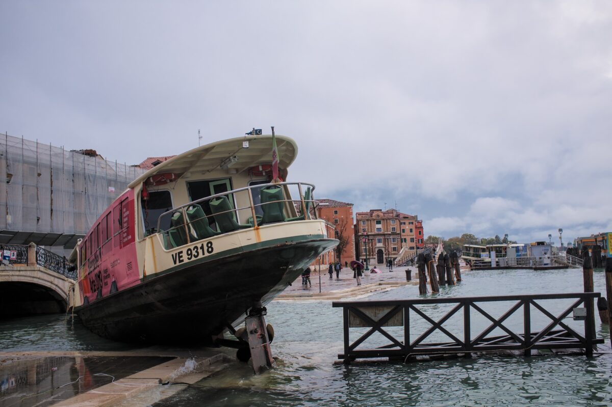 High tide in Venice - wrecked vaporetto in Venice