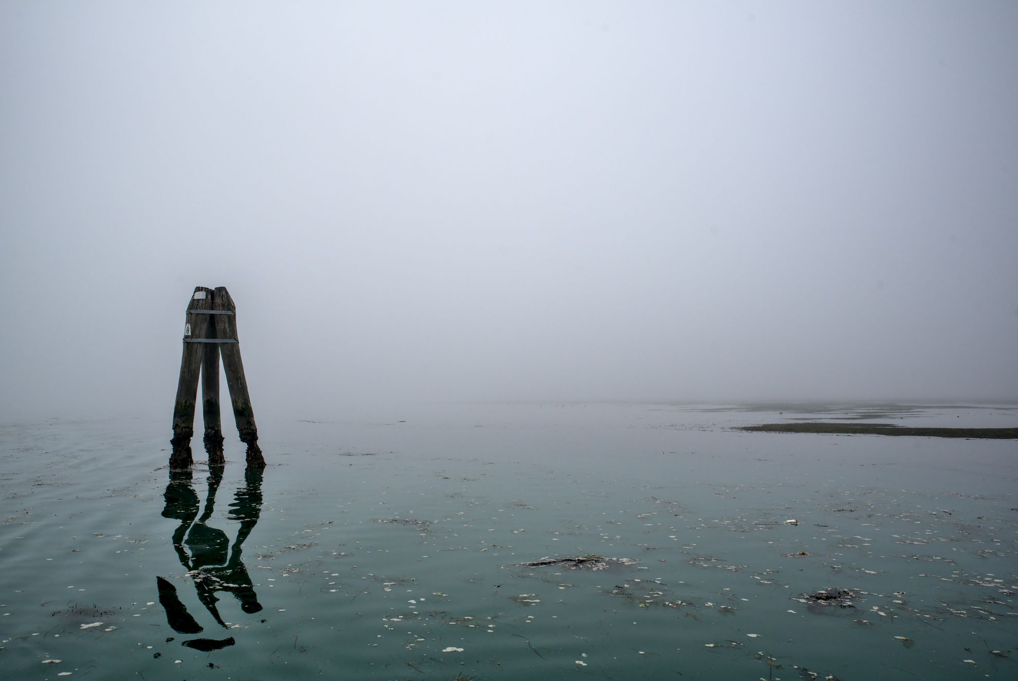 The Venetian lagoon on the fog - briccola with reflection