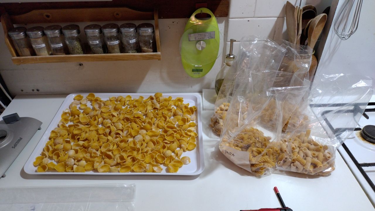 Freshly made chickpea flour pasta ready for the freezer