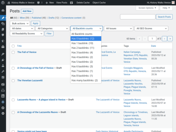 Screenshot of the Backlinks Counter filter menu in WordPress.