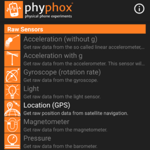 Screenshot of the app PhyPhox which shows most sensors missing