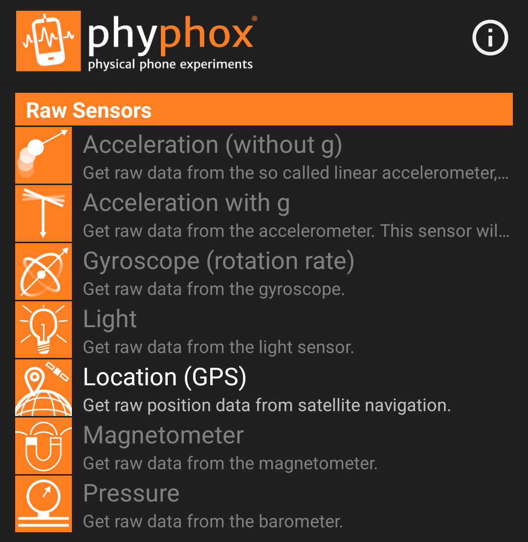 Screenshot of the app PhyPhox which shows most sensors missing